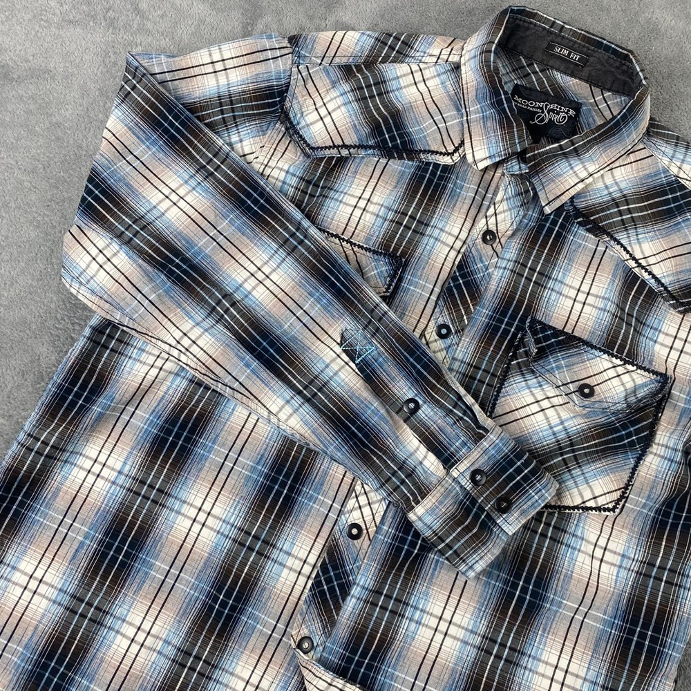 Moonshine Spirit Western Shirt Men L Blue Plaid Slim Fit Snap Front Cowboy Rodeo